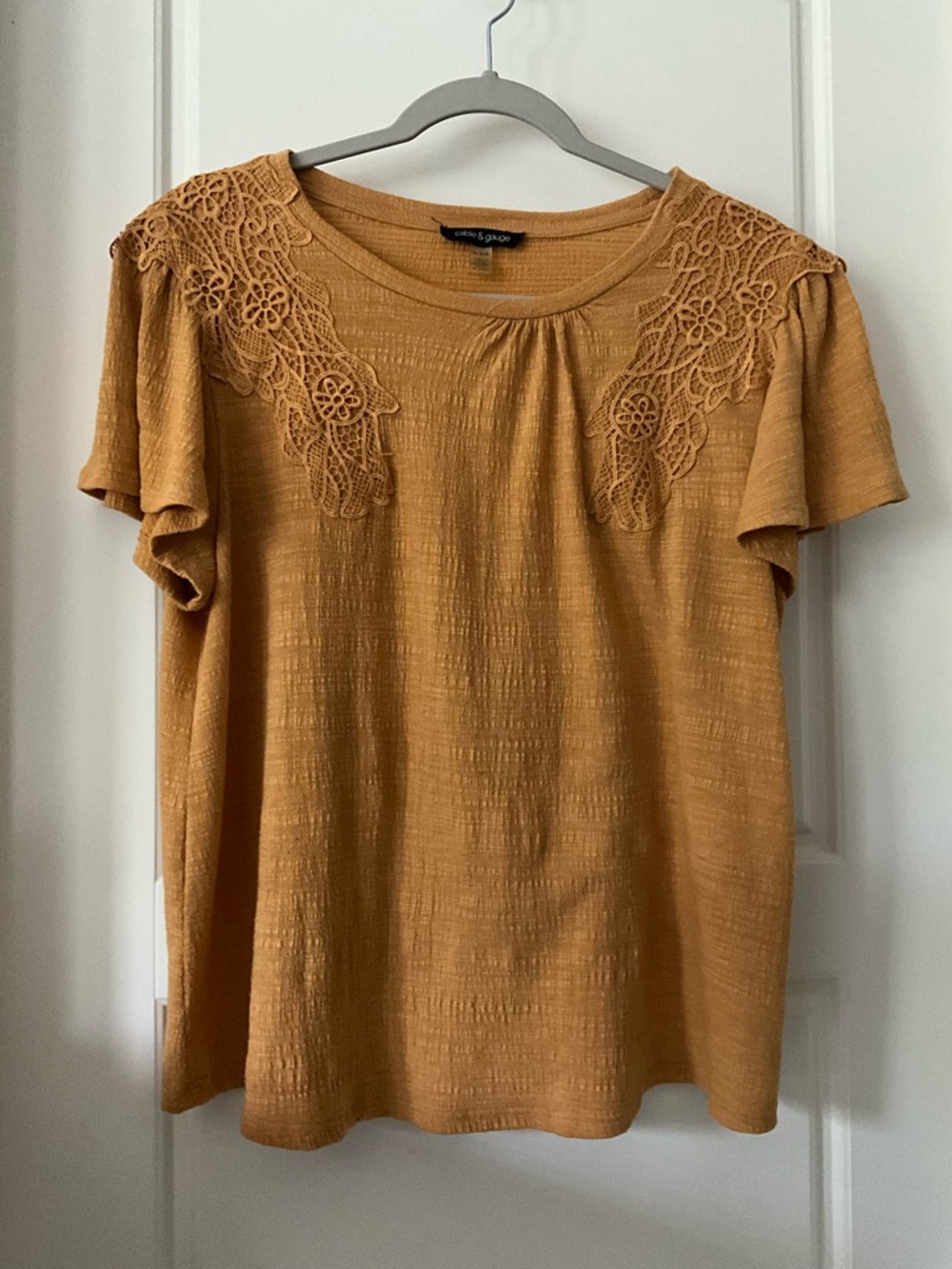 Cable & Gauge Mustard Lace-Trim Flutter Sleeve Top